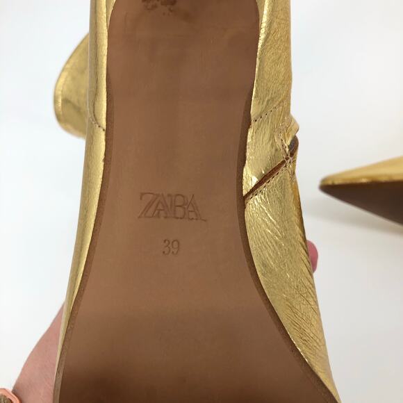 Zara Metallic Gold Leather Kitten Heel Booties Shiny Pointed Toe Boots Size 39/8 - Picture 11 of 11